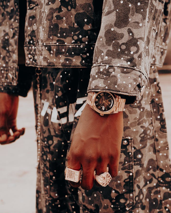 who-we-are Close-up of a camo outfit with elegant rings and watch.